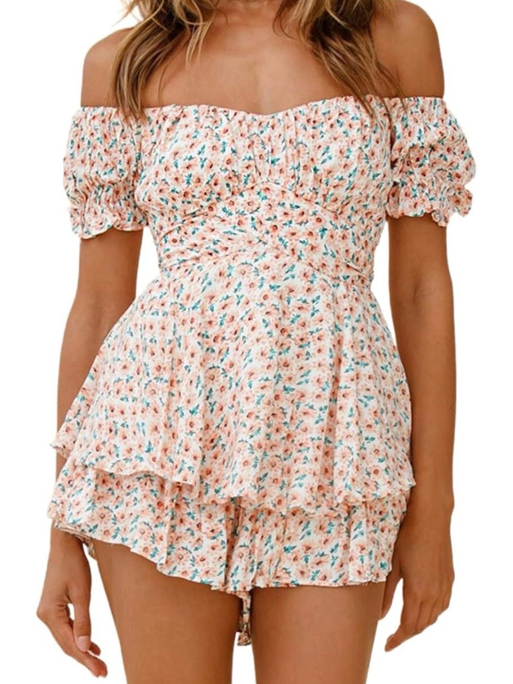 Boho Off-Shoulder Floral Tiered Romper